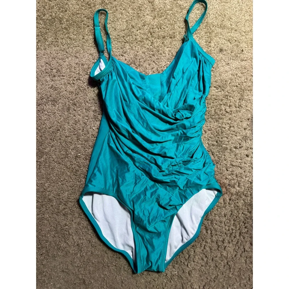 Jantzen Classic Womens Teal Blue Surplice V-Neck Ruched One Piece Swimsuit 14